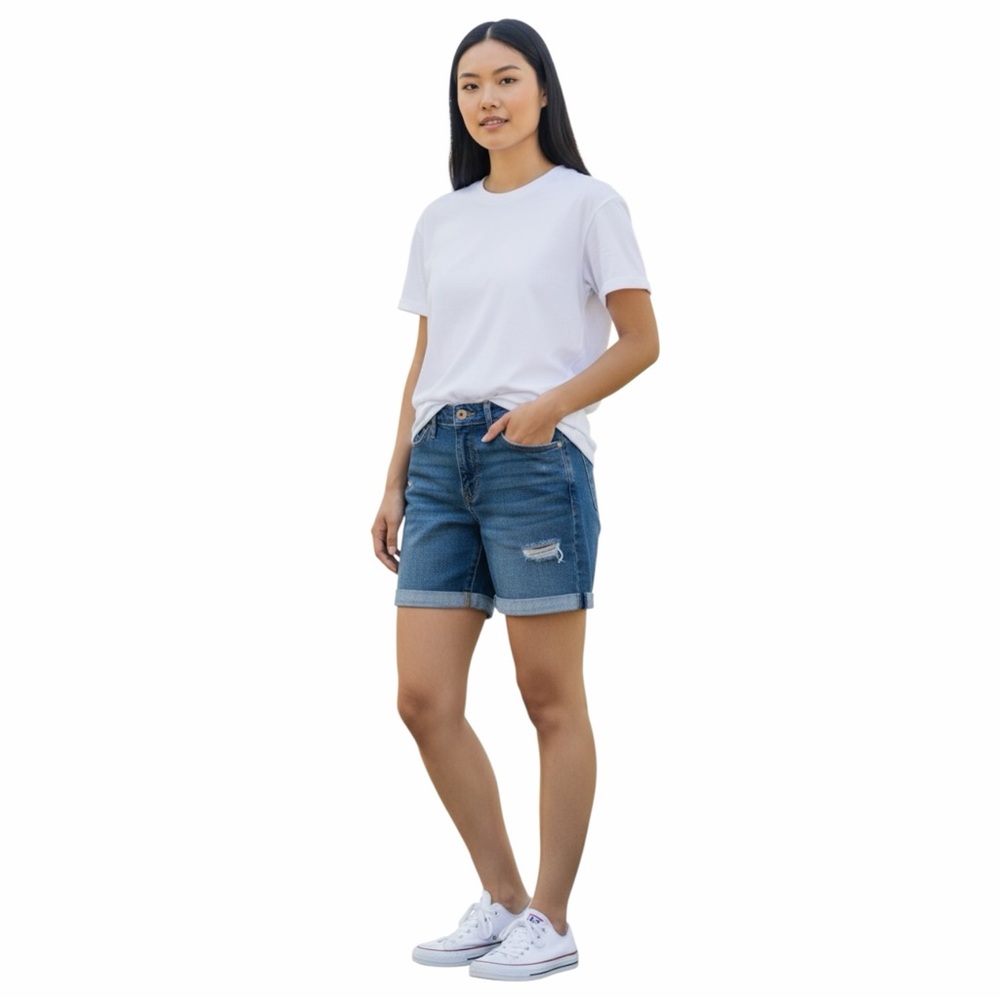 a.n.a Blue Distressed Roll-Cuff Jean Shorts